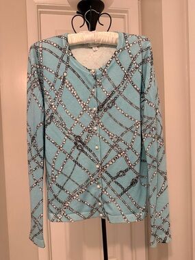 Charter Club Light Blue Chain Print Button Cardigan Size M